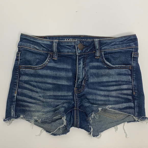 AEO | Dark Denim Jegging Cut Off Distressed Short Shorts | Frayed Cowgirl Fit 4 - Picture 1 of 9